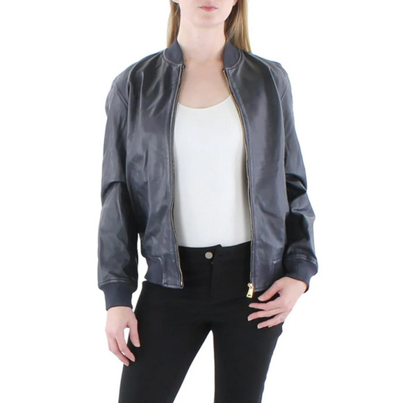 Lauren Ralph Lauren Womens Leather Warm Bomber Jacket Navy Size S 4432